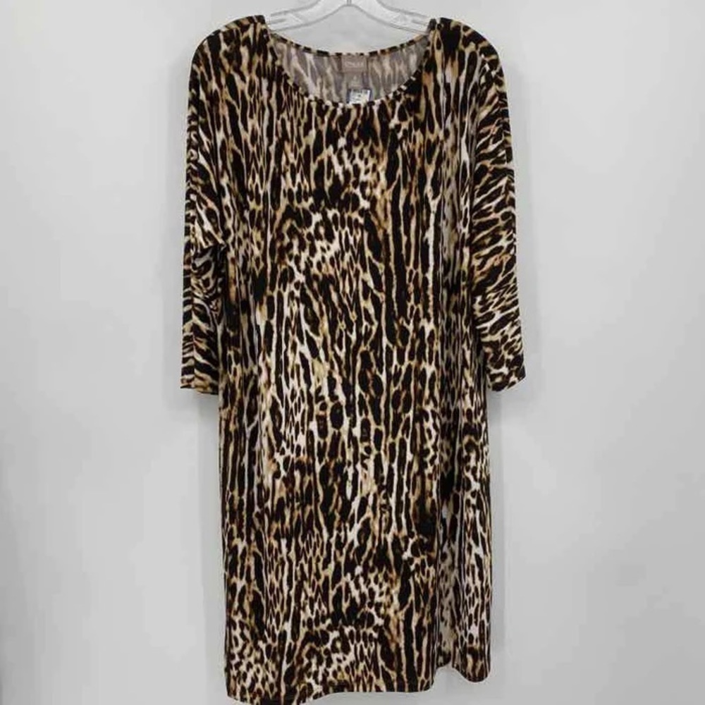 Chico's Womens Size 3 US XL 3/4 Dolman Sleeves Animal Print Shift‎ Dress Brown